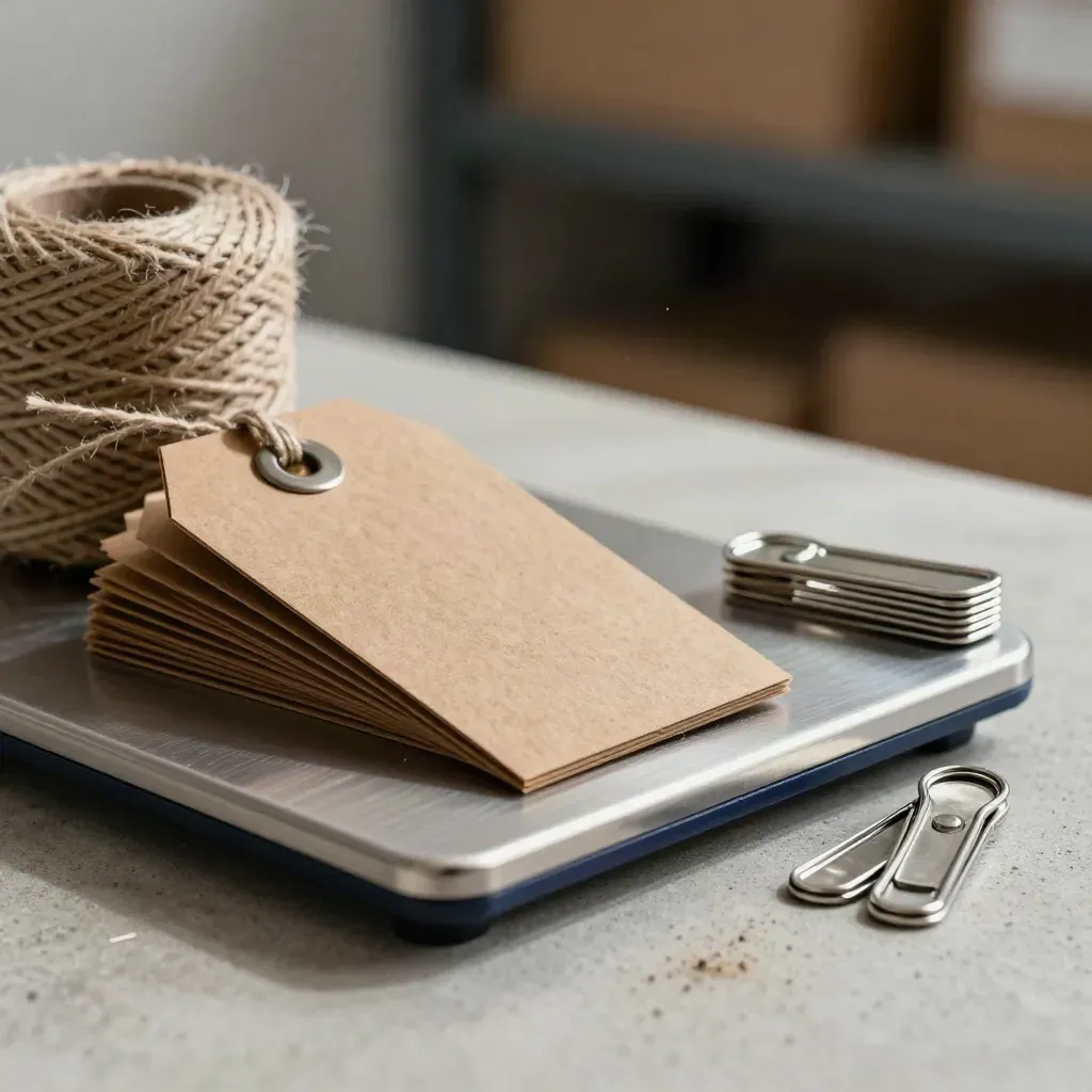 Parcel scale corner with dispatch tags, twine spool, and steel clips on pale concrete.