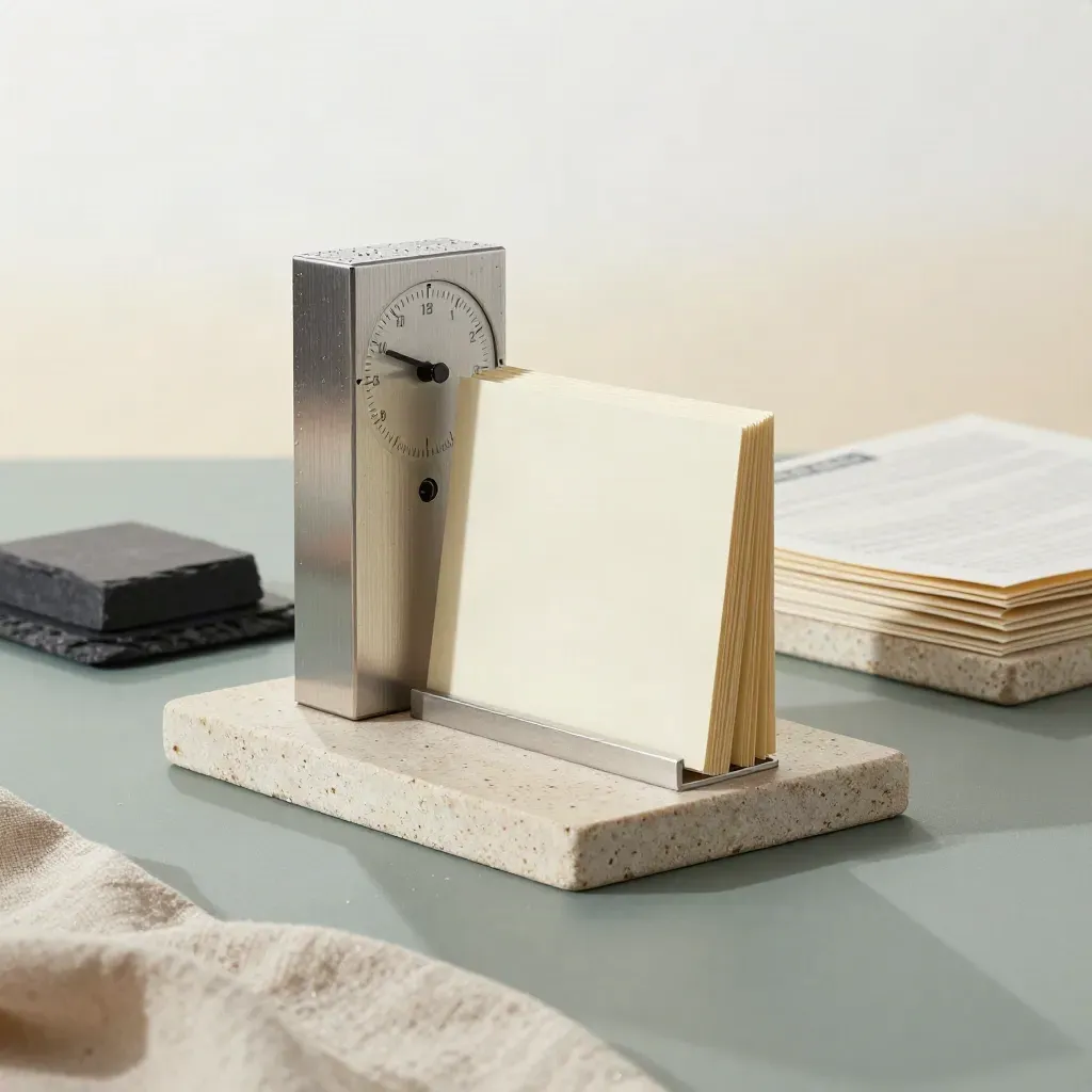 Misty morning planning kit with timer, task cards, linen folio and stone tray on pale stone.