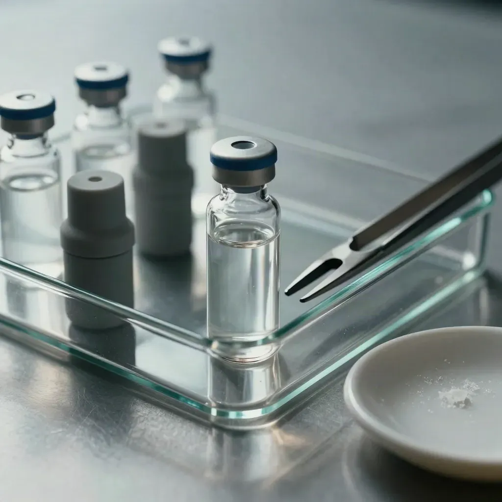 Glass reagent tray, vial caps, forceps and ceramic dish on brushed metal under hard upper-left light.