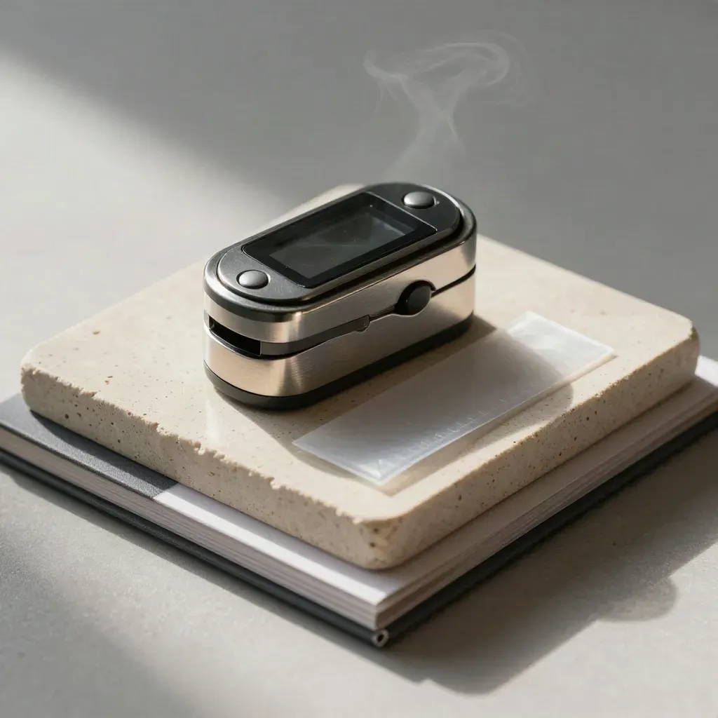 Pulse-ox clip, privacy sleeve, and chart clamp on cream stone with soft steam
