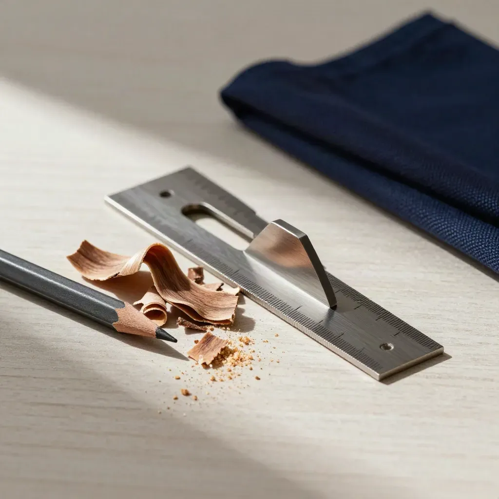 Joinery square, walnut veneer chips and pencil ferrule on ash wood