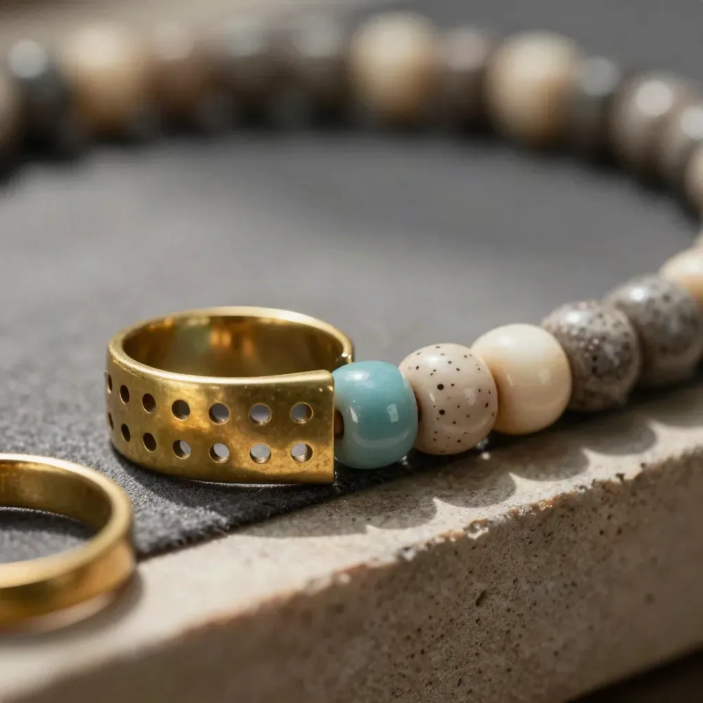 Macro brass habit ring with ceramic tally beads on a stone surface, one bead newly aligned.