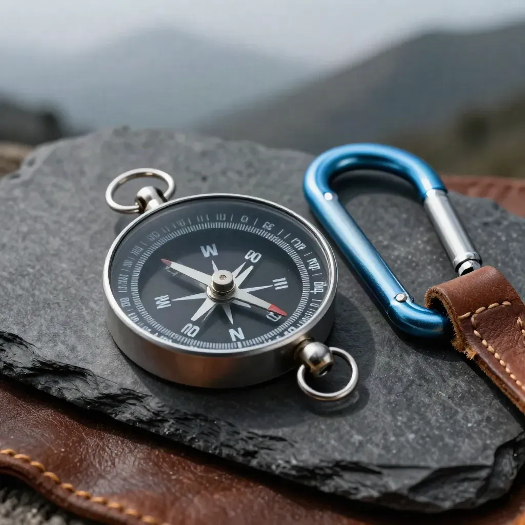 Macro still life of a field compass, carabiner and leather strap on slate in cold mist.
