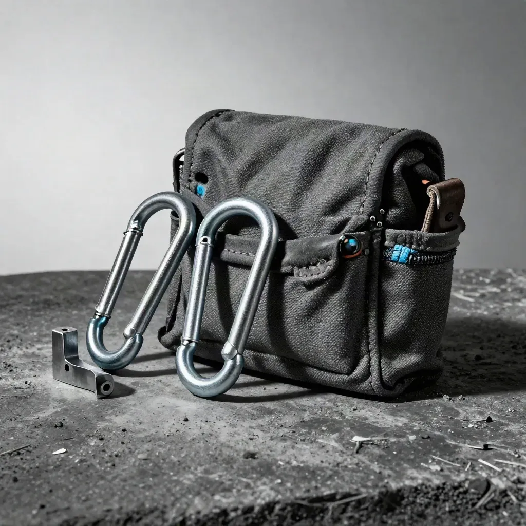 Galvanized carabiners, a corner brace, and a packed tool pouch on dark stone in soft industrial light.