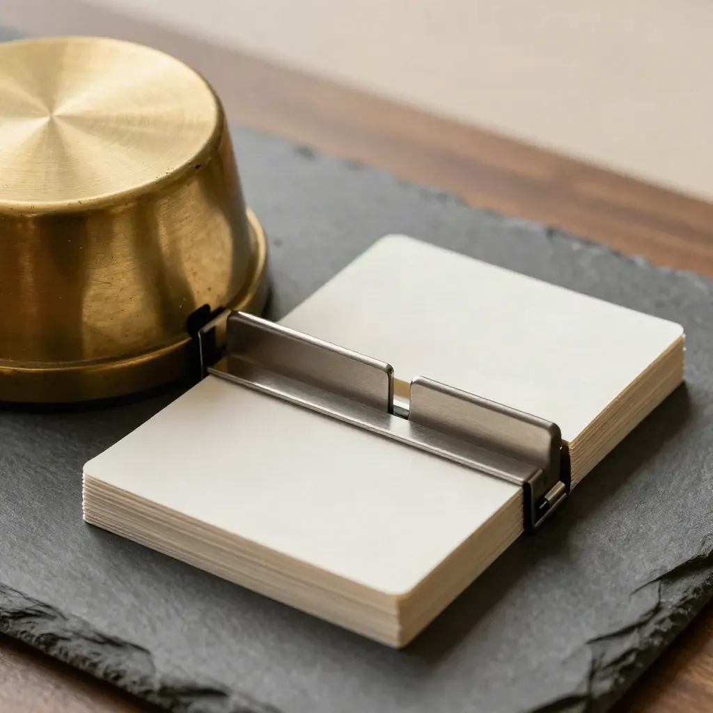 Brass timer beside split task cards and metal dividers on a graphite surface.