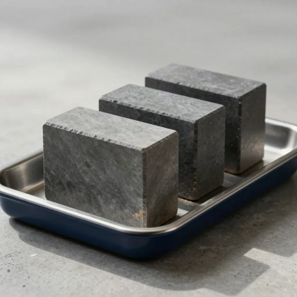 Three stone priority blocks in a steel tray, ordered by weight on a concrete slab.