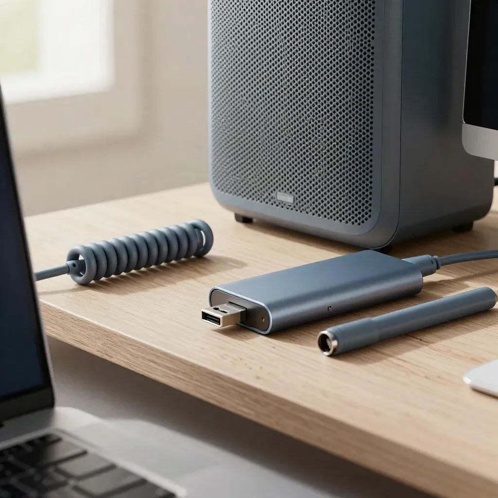 Macro of a speakerphone, USB hub, cable coil and markers on pale wood with a blurred monitor stand.