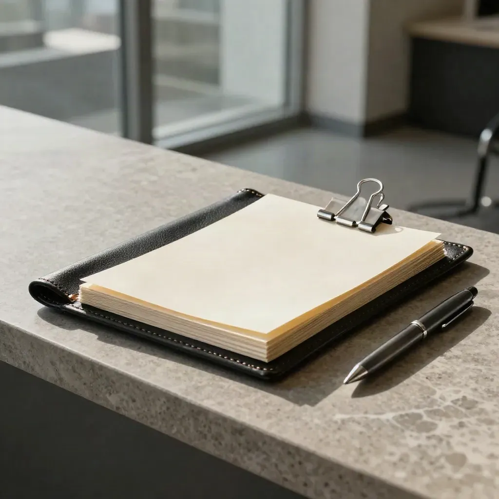 Leather meeting folio with blank cards, binder clip, and pen sleeve on a stone ledge.