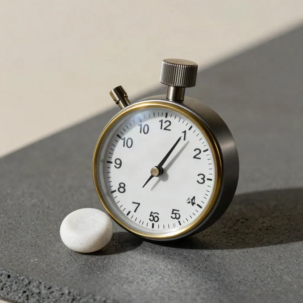 Industrial pomodoro timer beside a stone token on charcoal concrete, lit from upper left.