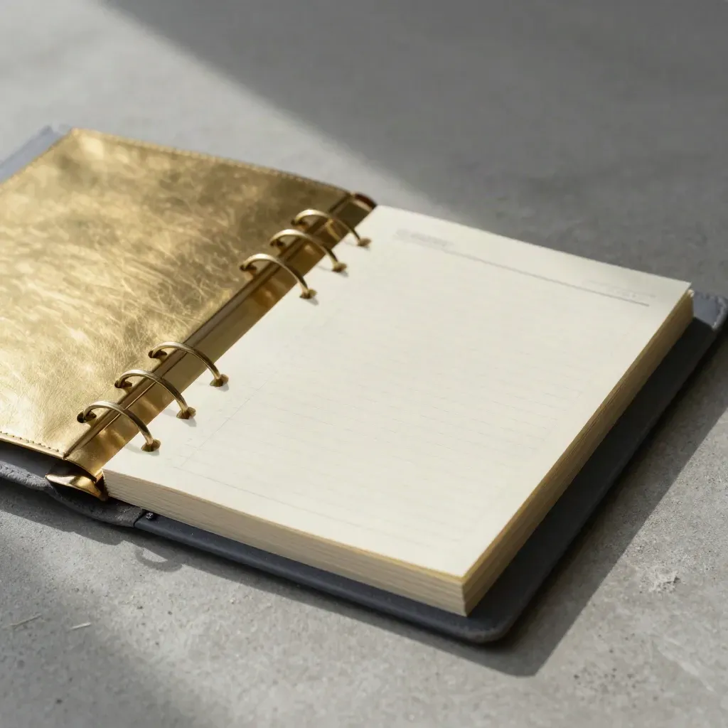 Brass ring binder holding a morning-planning template deck on a concrete-gray surface.