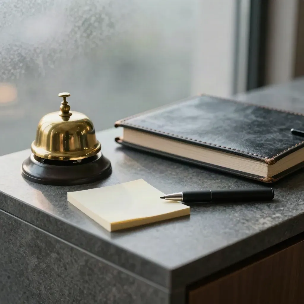 Brass bell, slate cube, leather folio and clicker beside frosted glass in a cool office still life.