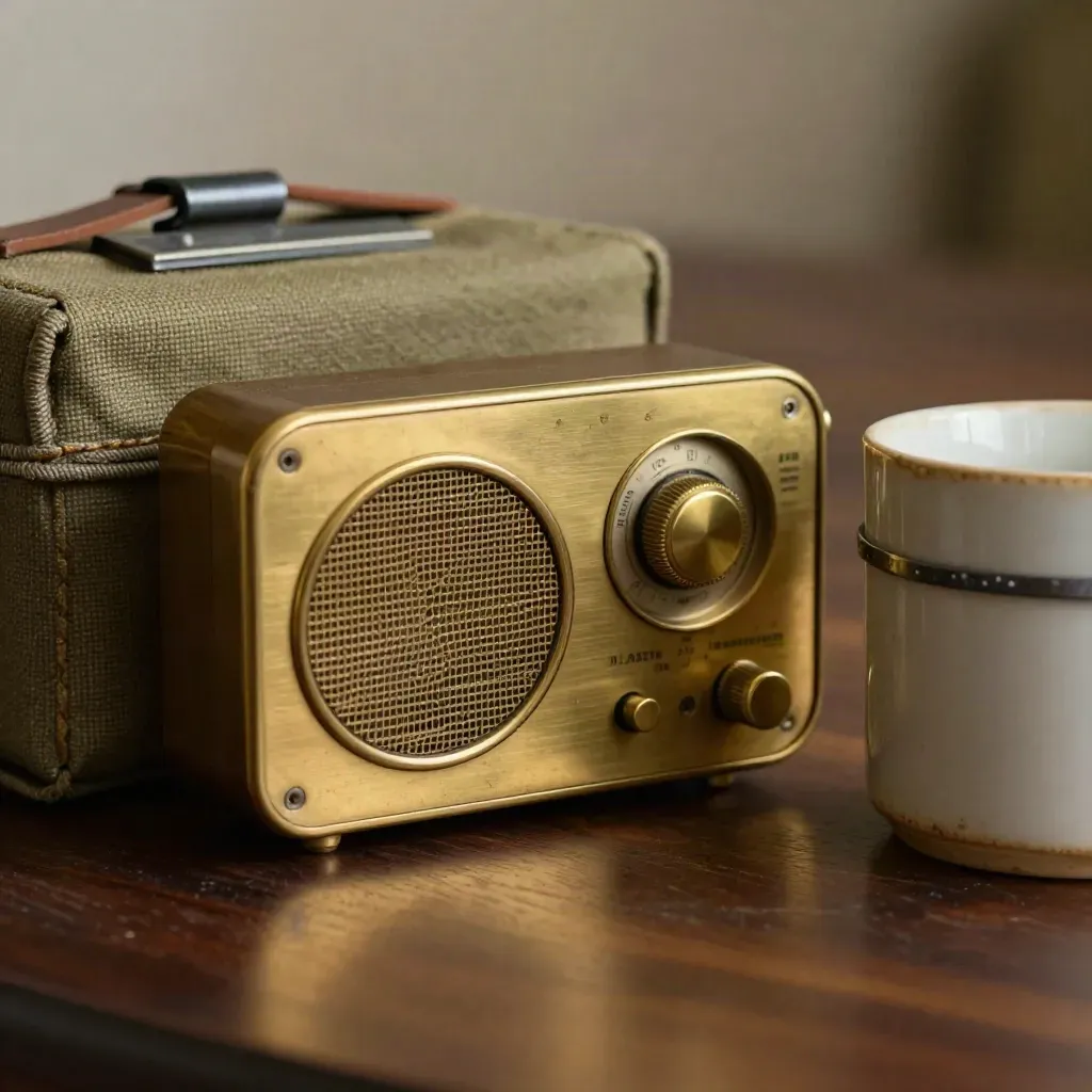 Macro still life of a brass radio, steel badge clip, canvas case and mug ring on walnut.