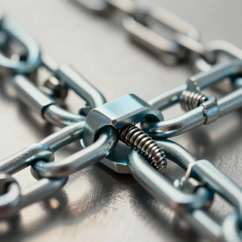 Macro of nested aluminum links and spring clips on brushed steel with cool blue sheen.