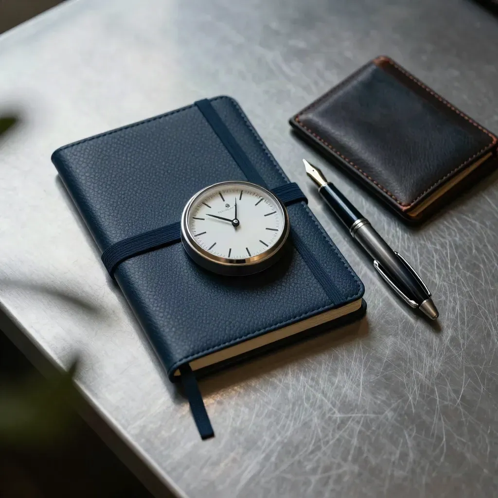 Navy planning tools on brushed metal: notebook, pocket timer, pen, and card wallet in dramatic light.