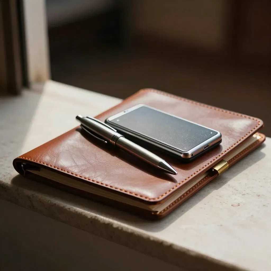 Leather folio, pen, recorder and brass clip on a stone ledge in warm light.