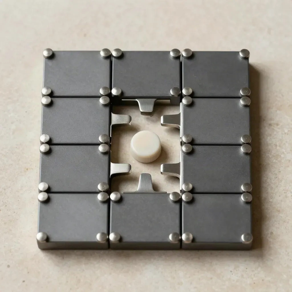 Top-down grid of graphite blocks with ceramic spacer on pale stone, lit dramatically with deep shadows.