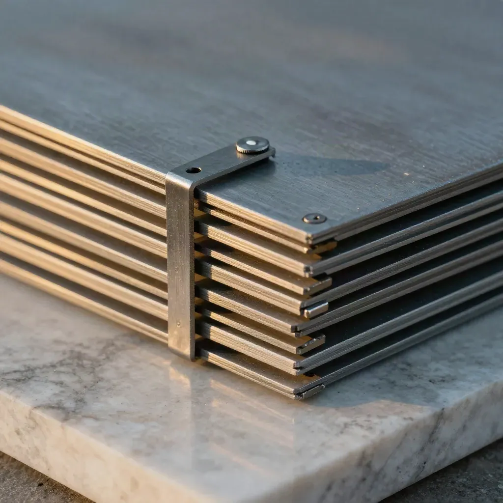 Steel plates and connectors locked by a small clamp on pale stone, lit by hard side light.