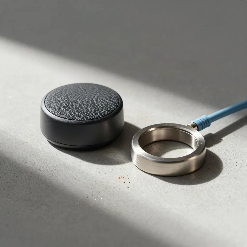 Speaker puck, cables, and docking ring on brushed concrete in soft daylight.