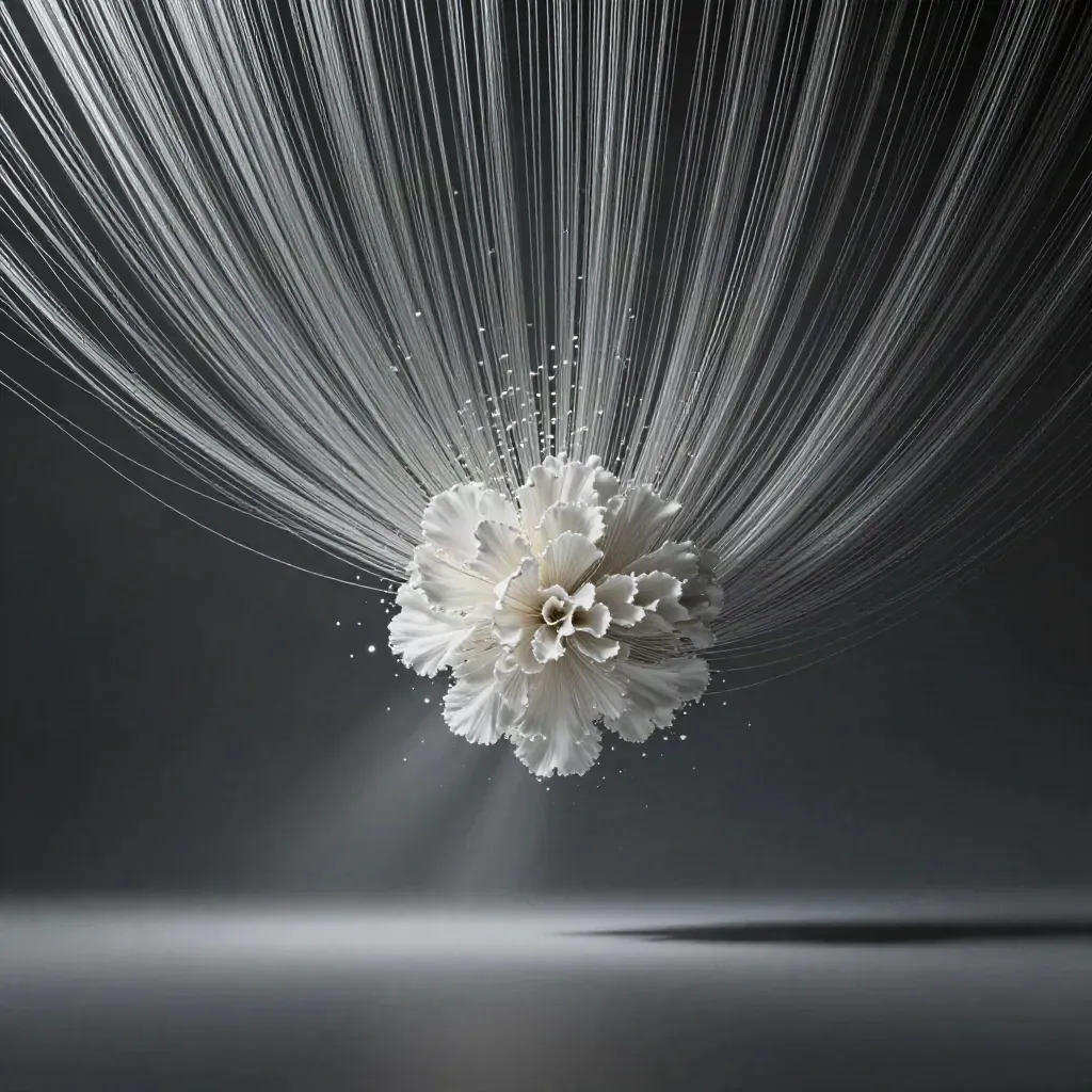 Silver light filaments converge into a soft bloom in a dark graphite void with drifting haze.